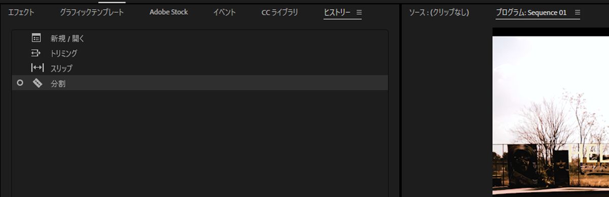 ヒストリーパネルには、Razor、Ripple Trim、Slip 調整などの最近の編集操作の一覧が表示され、トリミング変更の取り消しややり直しのオプションが利用できます。