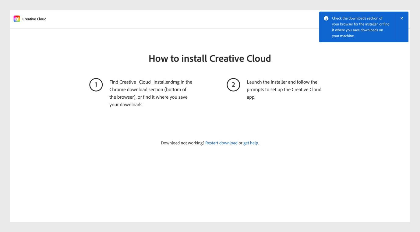 Lehel „Kuidas installida Creative Cloudi“ on toodud sammud Creative Cloudi töölauarakenduse installimiseks ning valikud allalaadimise taaskäivitamiseks ja abi saamiseks. 
