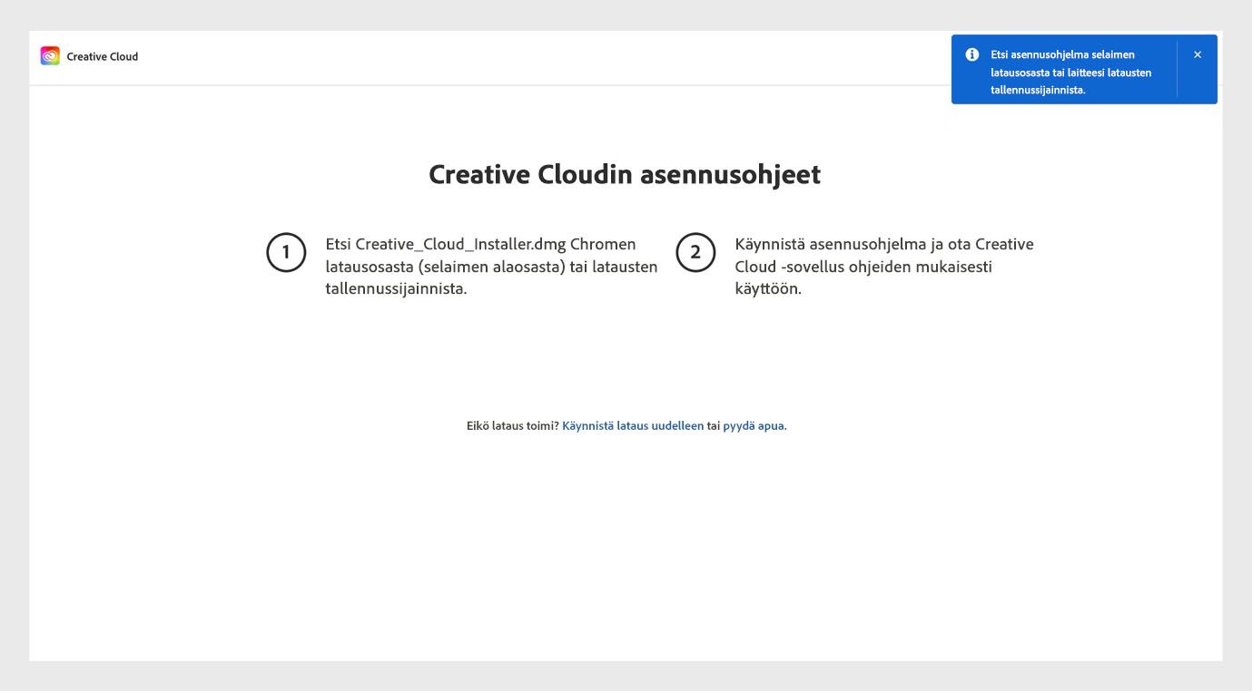 Creative Cloudin asennusohjesivu näyttää vaiheet Creative Cloud -sovelluksen asentamiseen sekä vaihtoehdot latauksen uudelleenkäynnistämiseen ja avun saamiseen. 