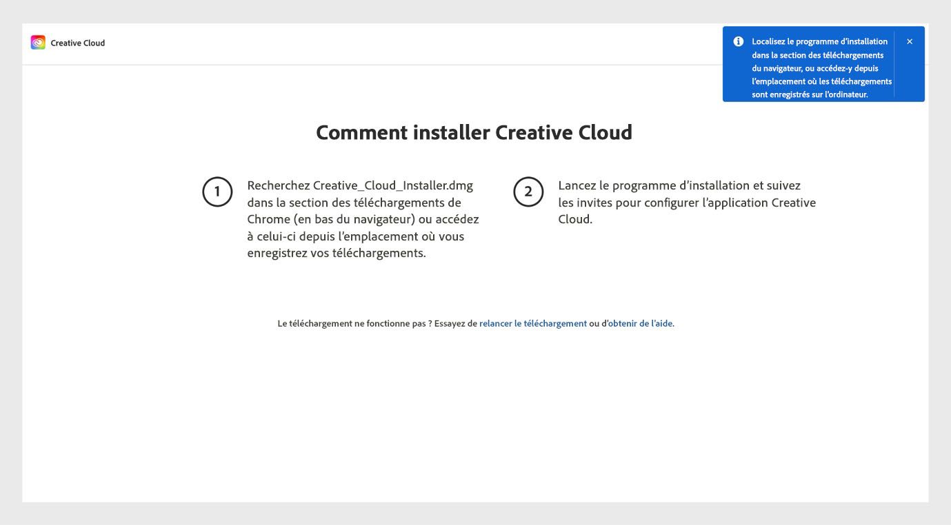 La page « Comment installer Creative Cloud » présente les étapes pour installer l'application de bureau Creative Cloud, ainsi que les options pour redémarrer le téléchargement et obtenir de l'aide.