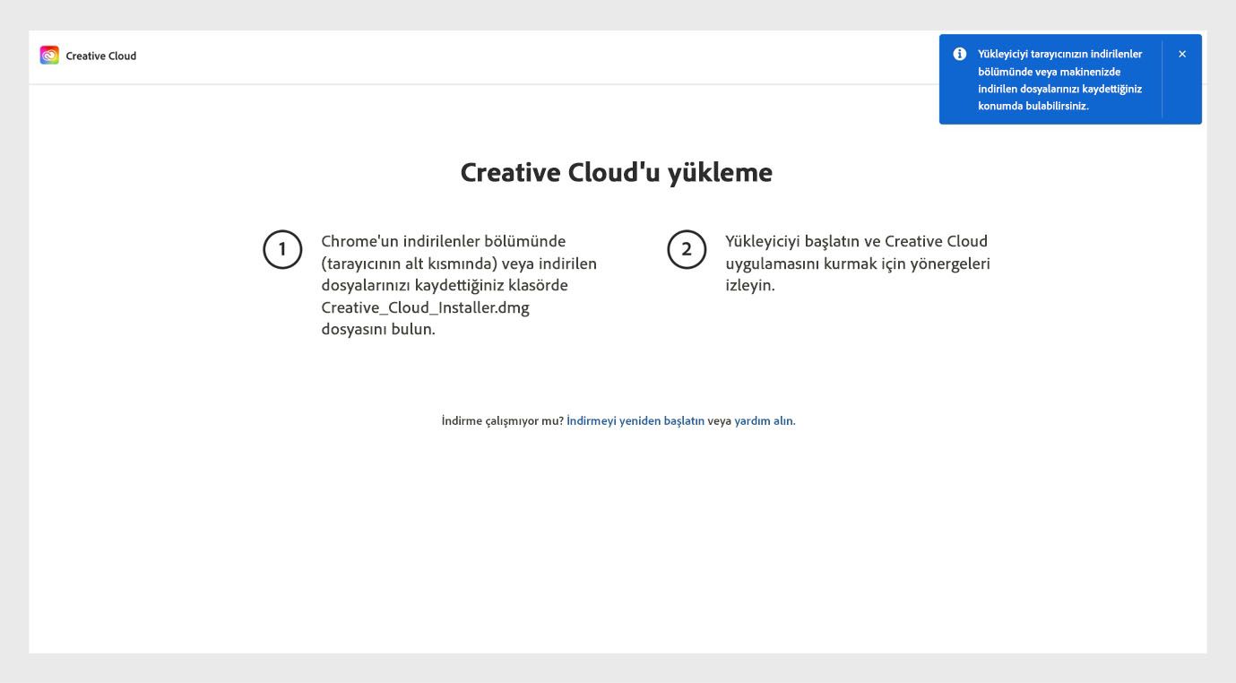 Creative Cloud'u yükleme sayfasında Creative Cloud masaüstü uygulamasını yükleme adımlarının yanı sıra indirmeyi yeniden başlatma ve yardım alma seçeneklerini gösterilir. 