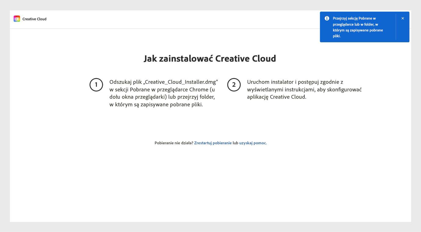 Strona „Jak zainstalować Creative Cloud&quot; przedstawia kroki instalacji aplikacji Creative Cloud Desktop oraz opcje ponownego rozpoczęcia pobierania i uzyskania pomocy.