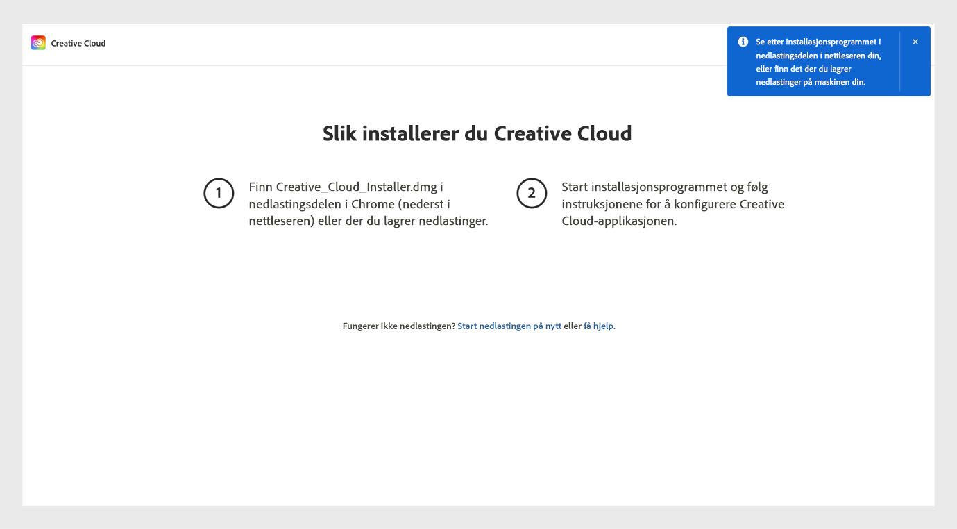 Siden «Slik installerer du Creative Cloud» viser trinnene for å installere Creative Cloud-appen, og alternativer for å starte nedlastingen på nytt og få hjelp.
