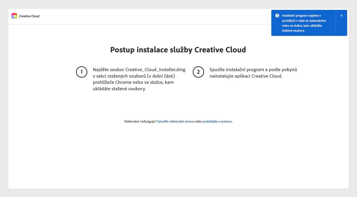 Stránka Jak nainstalovat Creative Cloud ukazuje kroky k instalaci aplikace Creative Cloud pro počítače a možnosti pro opětovné spuštění stahování a získání nápovědy. 
