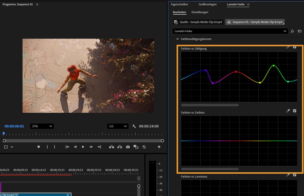 Die Option „Farbton vs. Sättigung“ unter den Farbton-/Sättigungskurven im Bedienfeld „Lumetri-Farbe“ wird angepasst, um die Sättigung eines beliebigen Farbtons innerhalb eines Bildes selektiv zu bearbeiten.