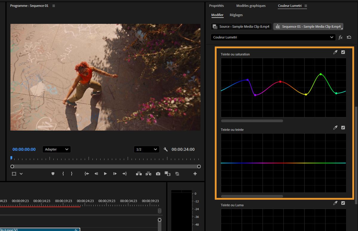 La courbe Teinte et saturation, sous l’élément Courbes de saturation de teinte du panneau Couleur lumetri, est ajustée pour modifier sélectivement la saturation de n'importe quelle teinte dans une image.