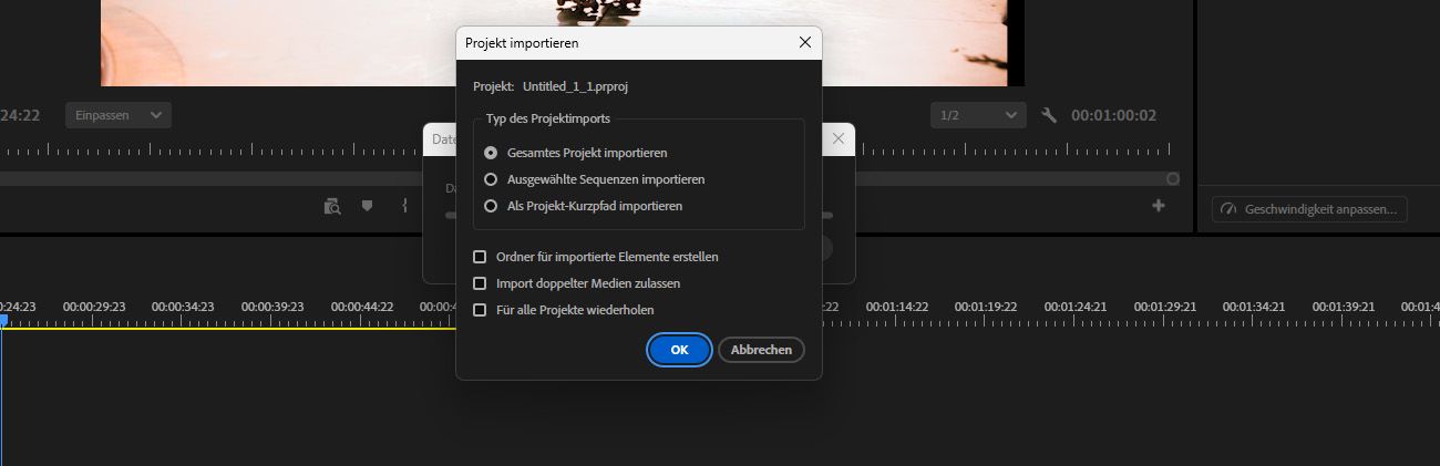 Das Dialogfeld „Projekt importieren“ ist geöffnet und die Option „Als Project Shortcut importieren" ist ausgewählt.