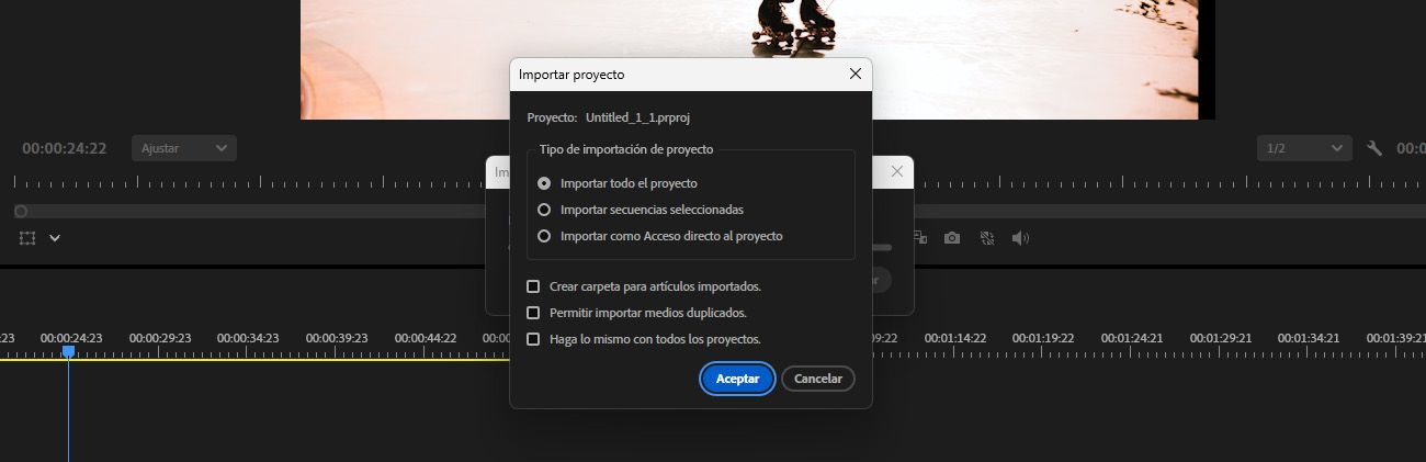 El cuadro de diálogo Importar proyecto está abierto y la opción Importar como método abreviado de proyecto está seleccionada.
