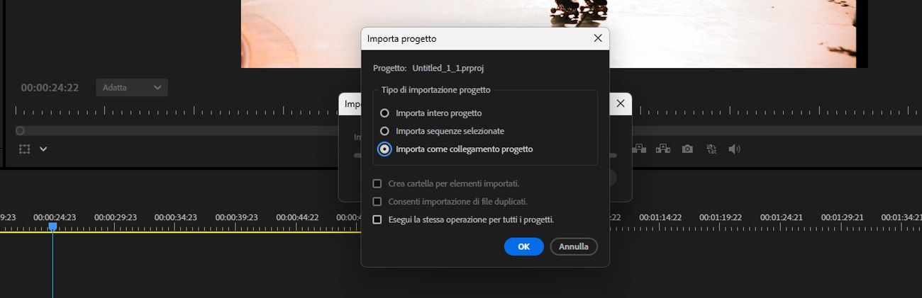 La finestra di dialogo Importa progetto è aperta e l'opzione Importa come scorciatoia di progetto è selezionata.