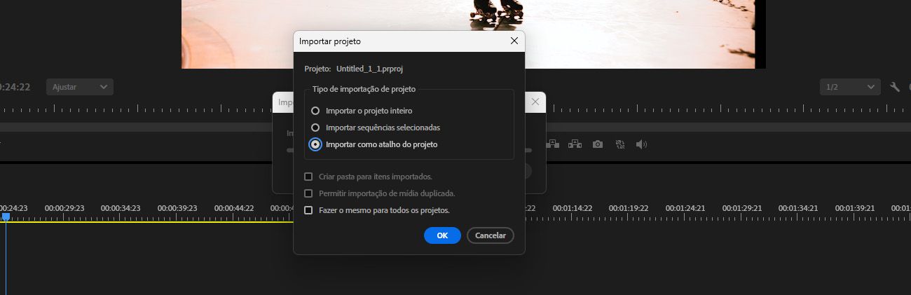 O diálogo Importar projeto está aberto e a opção Importar como atalho de projeto está selecionada.