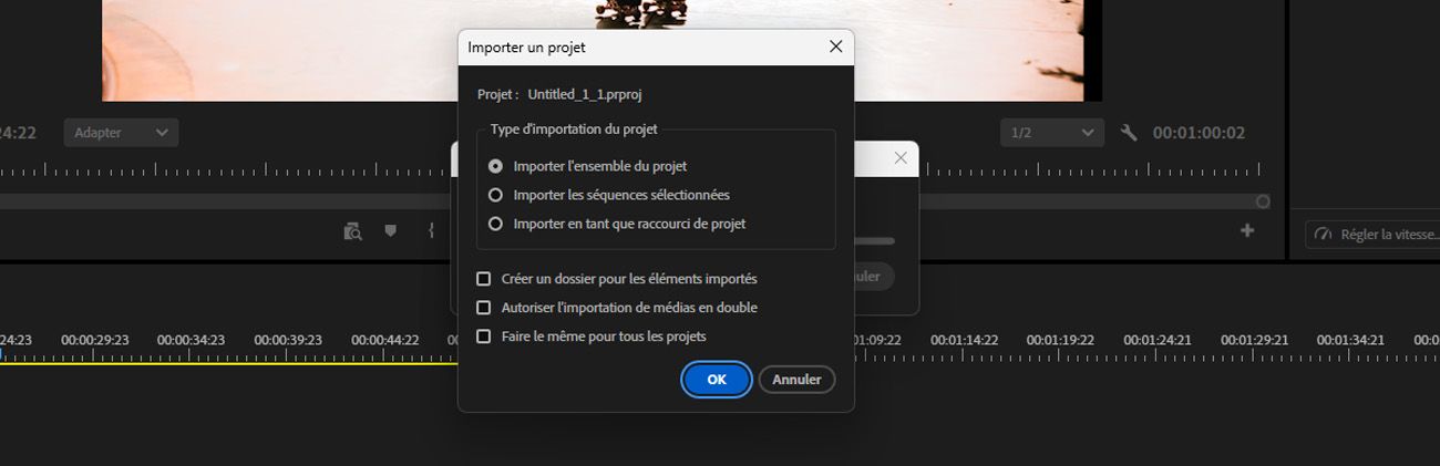 La boîte de dialogue Importer le projet est ouverte et l'option Importer en tant que raccourci de projet est sélectionnée.