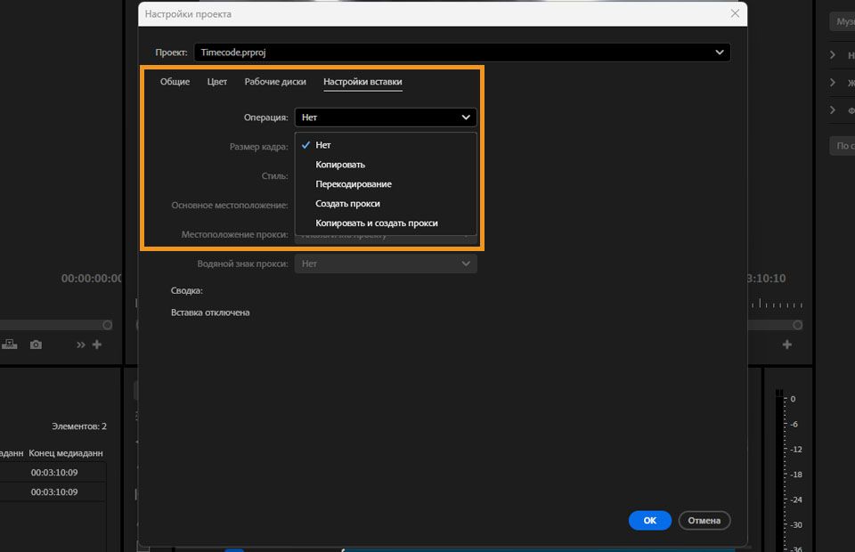 Диалоговое окно «Настройки вставки», где вы можете установить параметры импорта и прокси для вашего проекта.