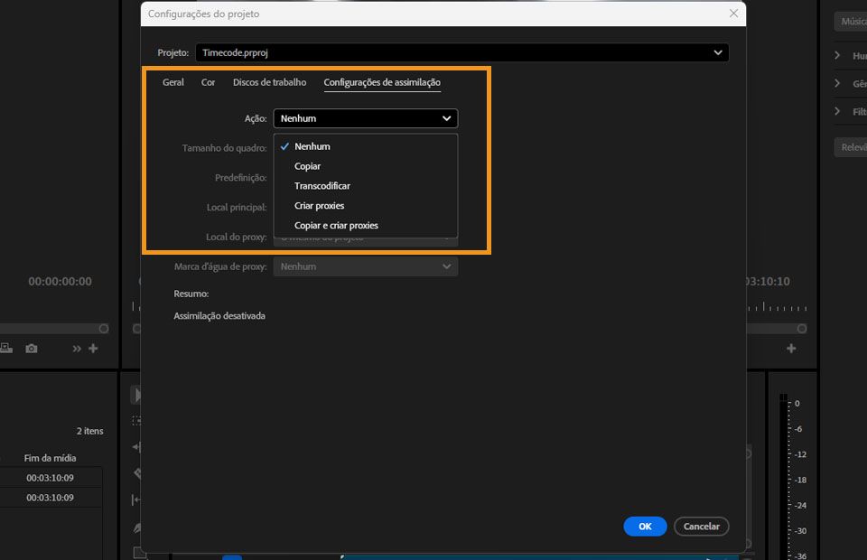 A caixa de diálogo “Configurações de assimilação”, onde você pode ajustar as configurações de assimilação e proxy do seu projeto.