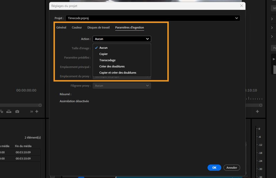 La boîte de dialogue Paramètres d’ingestion où vous pouvez définir les paramètres d’ingestion et de proxy pour votre projet.