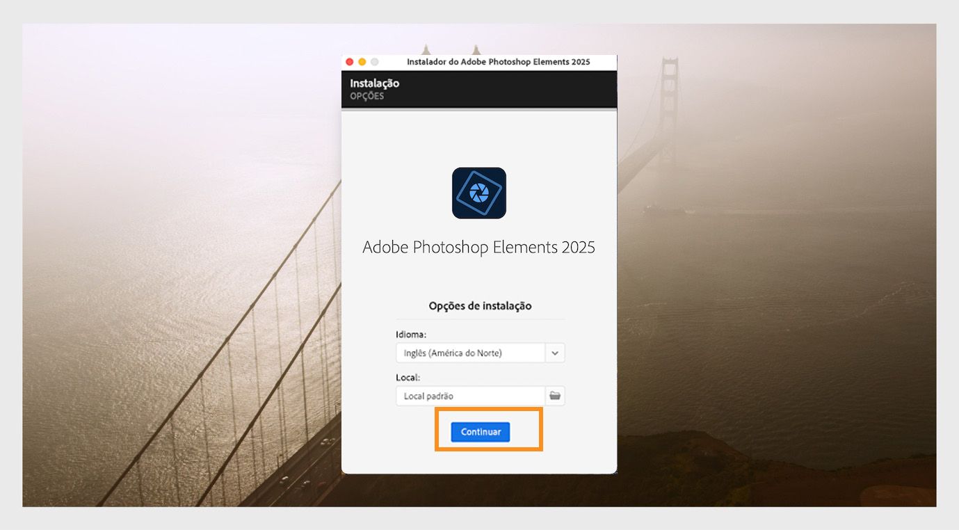 A janela de opções de instalação mostra o menu suspenso para selecionar o idioma e a opção de selecionar o local de instalação do Photoshop Elements. 