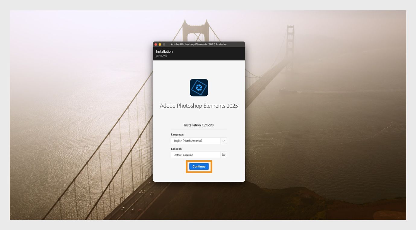 تعرض نافذة خيارات التثبيت القائمة المنسدلة لتحديد اللغة وخيار تحديد موقع التثبيت لـ Photoshop Elements.