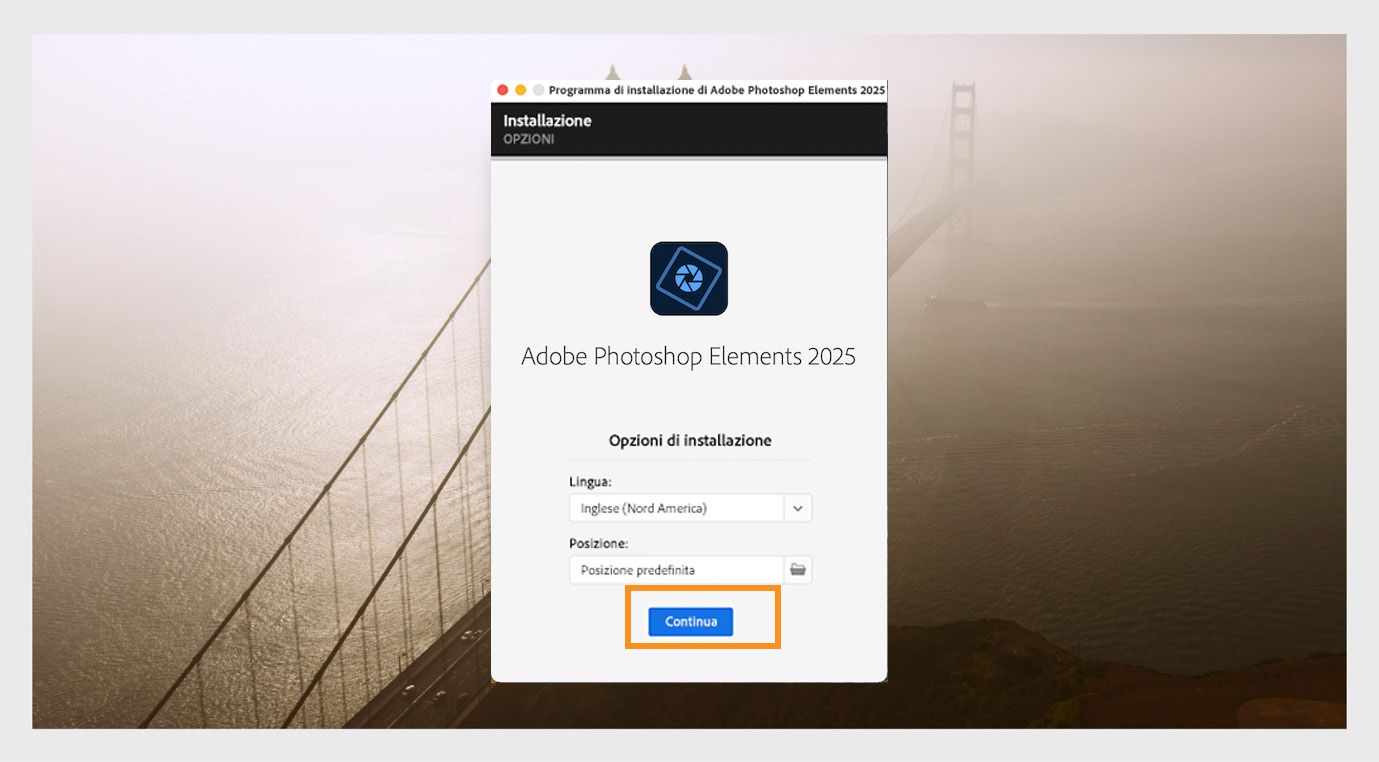La finestra Opzioni di installazione mostra il menu a discesa per selezionare la lingua e l’opzione per selezionare la posizione di installazione di Photoshop Elements.