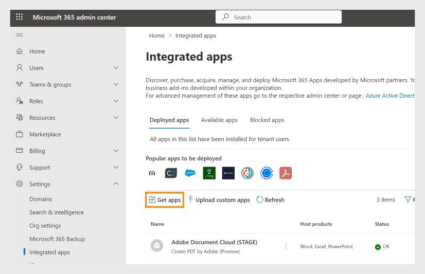 Na stronie Integracja aplikacji wyświetlane są wdrożone aplikacje i opcja wdrażania nowych aplikacji. Wybierz opcję Pobierz aplikacje, aby wyszukać i wdrożyć program Acrobat dla platformy Microsoft 365.