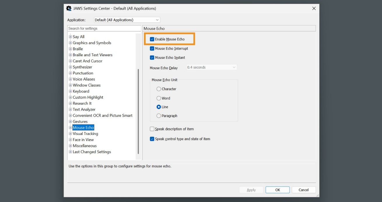 The JAWS Settings Center—Default (All Applications) dialog box displays Enable Mouse Echo and other options for configuring Mouse Echo's settings.