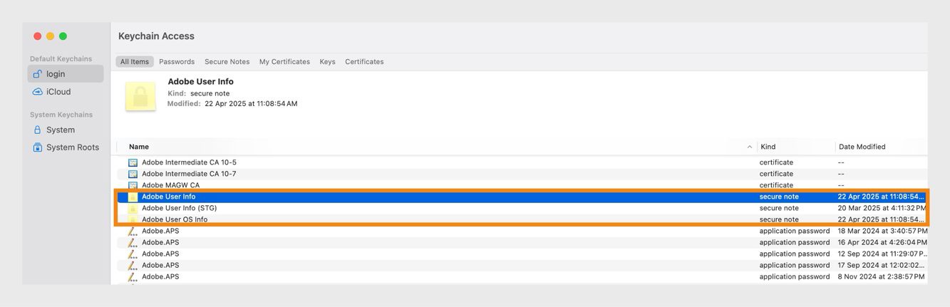 Okno Keychain Access pokazuje wszystkie elementy logowania, w tym wpisy pęku kluczy Adobe User Info. 