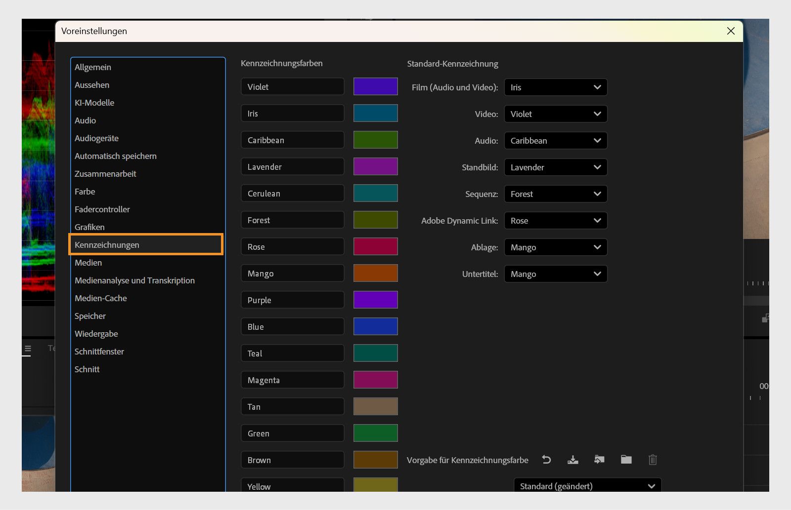 Das Bedienfeld für Kennzeichnungen im Dialogfeld „Voreinstellungen“ zeigt verschiedene Optionen zur Festlegung der Voreinstellungen für Kennzeichnungen.