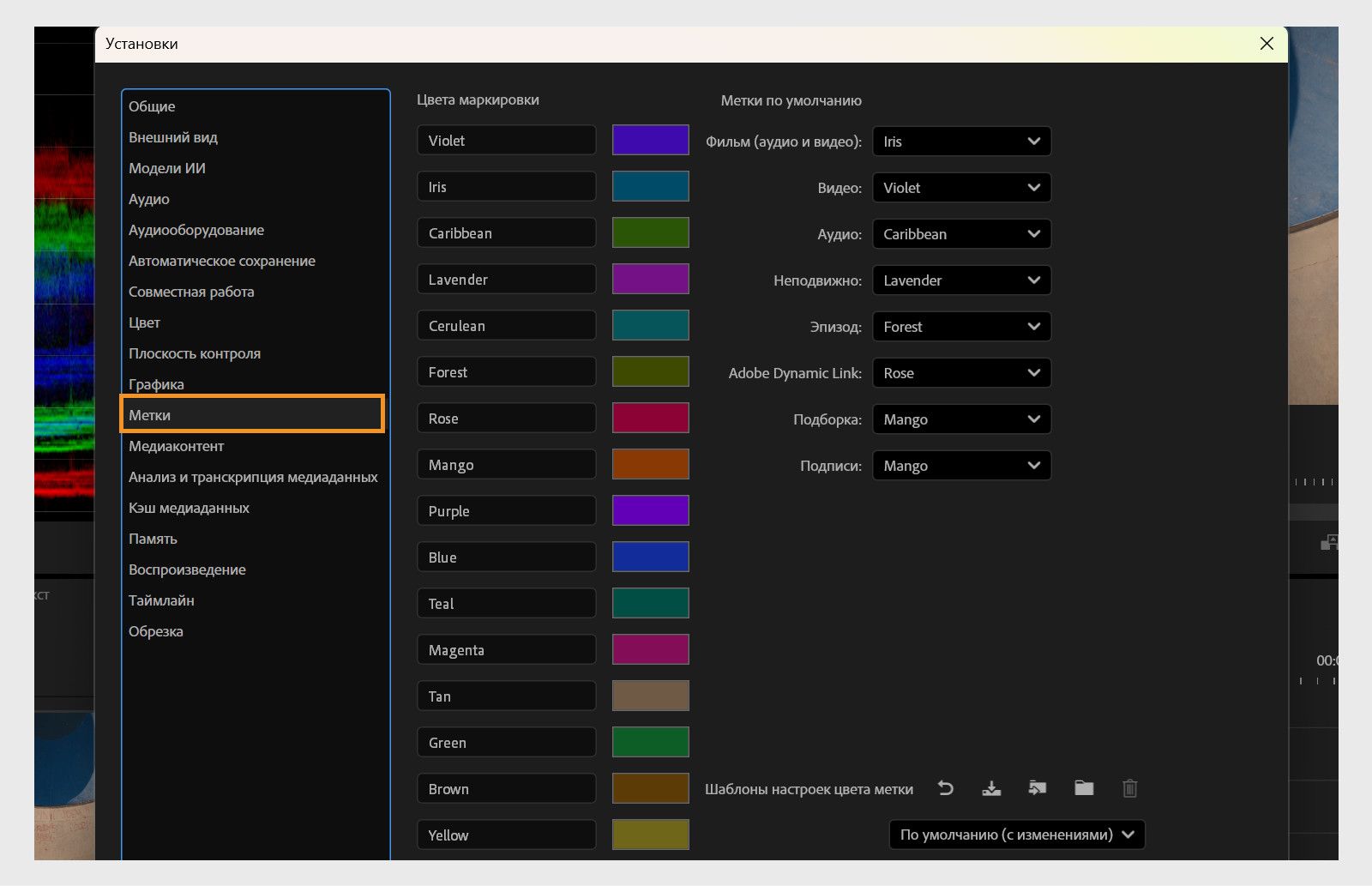 Панель «Метка» в диалоговом окне «Настройки» отображает различные варианты для настройки параметров метки.