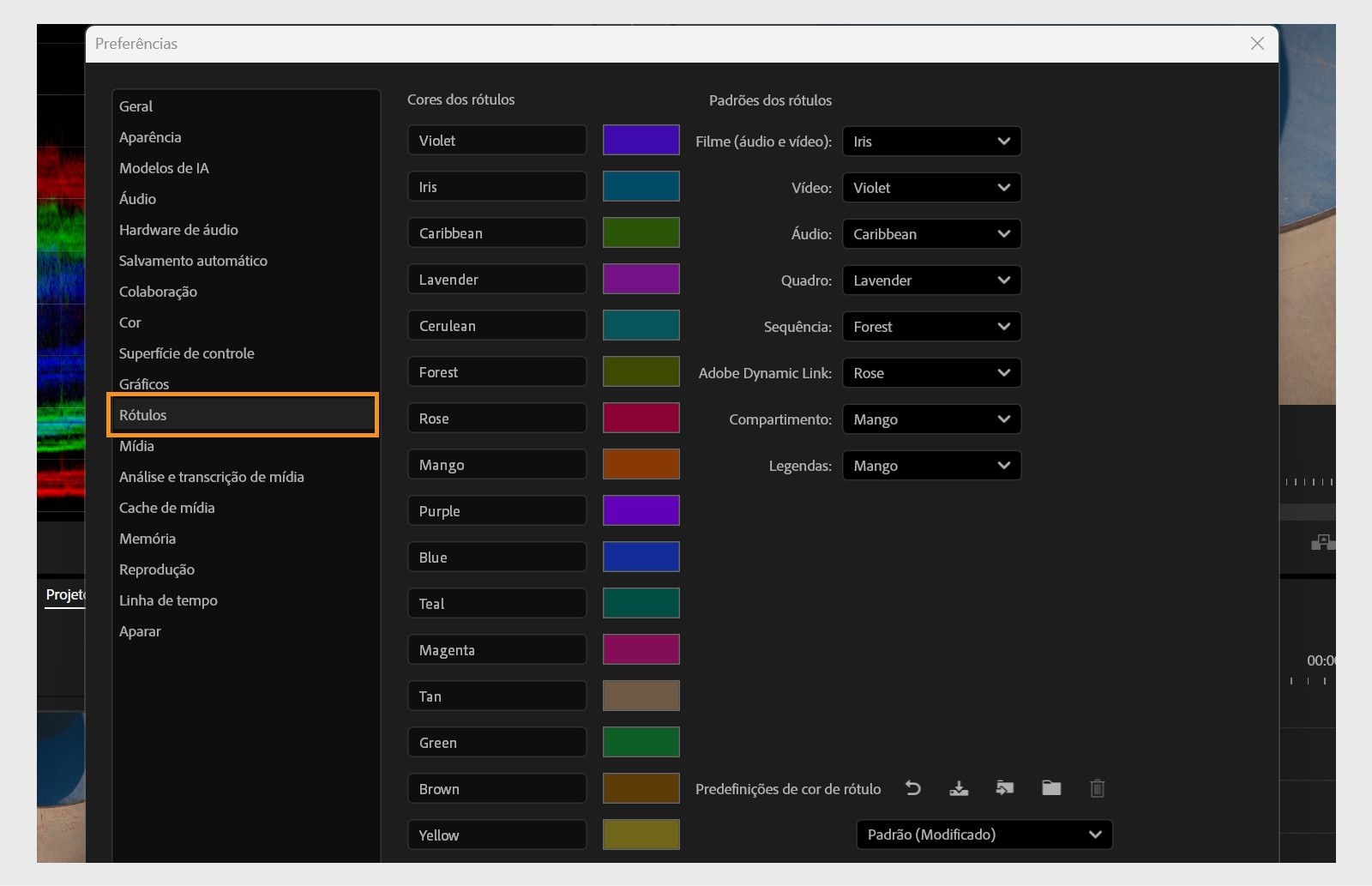 O painel Rótulo da caixa de diálogo Preferências exibe várias opções para definir as preferências de rótulo.