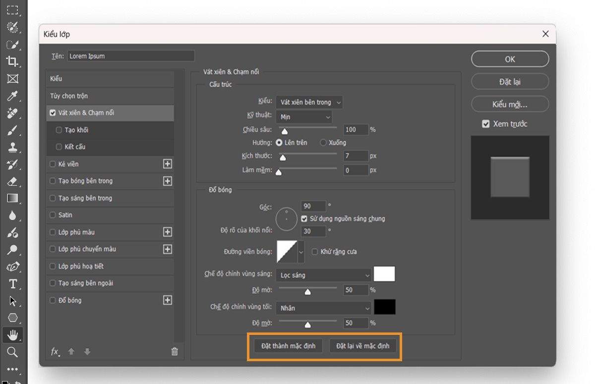 Hộp thoại Kiểu lớp trong Adobe Photoshop được hiển thị với cài đặt Vát xiên & Chạm nổi được bật. Các nút Đặt làm mặc định và Đặt lại về mặc định được làm nổi bật ở phía dưới.