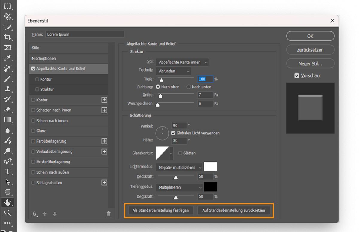 Das Dialogfeld „Ebenenstil“ in Adobe Photoshop wird mit aktivierten Einstellungen für „Abgeflachte Kante“ und „Relief“ angezeigt.Die Schaltflächen „Als Standard festlegen“ und „Auf Standard zurücksetzen“ sind unten hervorgehoben.