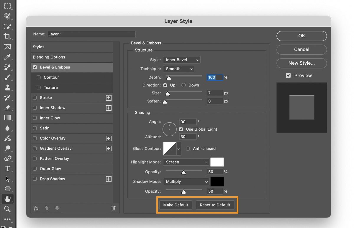 يتم عرض مربع حوار Layer Style في Adobe Photoshop مع تمكين إعدادات التدرج والتنقيش.يتم تمييز الزرين &quot;Make Default&quot; و&quot;Reset to Default&quot; في الأسفل.