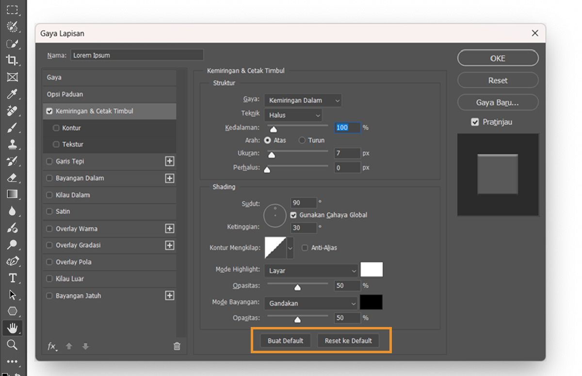 Kotak dialog Gaya Lapisan di Adobe Photoshop ditampilkan dengan pengaturan Bevel & Emboss diaktifkan.Tombol Jadikan Default dan Reset ke Default disorot di bagian bawah.