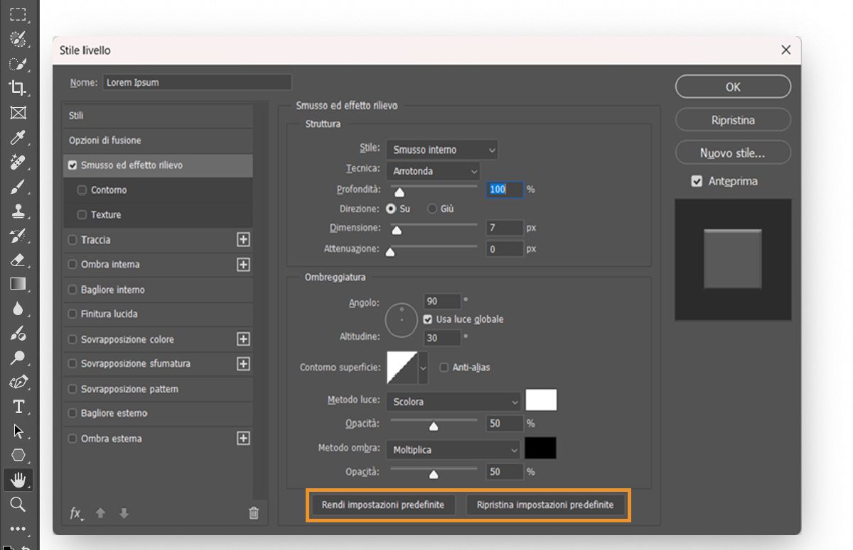 Viene visualizzata la finestra di dialogo Stile livello in Adobe Photoshop con le impostazioni Smusso e rilievo attivate.I pulsanti Imposta come predefinito e Ripristina predefiniti sono evidenziati in basso.