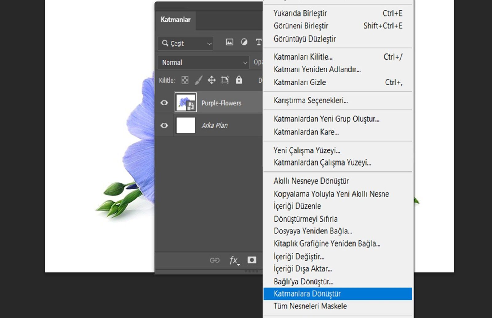 Katmanlar paneli açık ve bir Akıllı Nesne katmanı seçili.Katmanlara Dönüştür seçeneğinin vurgulandığı bir bağlam menüsü görüntülenir.
