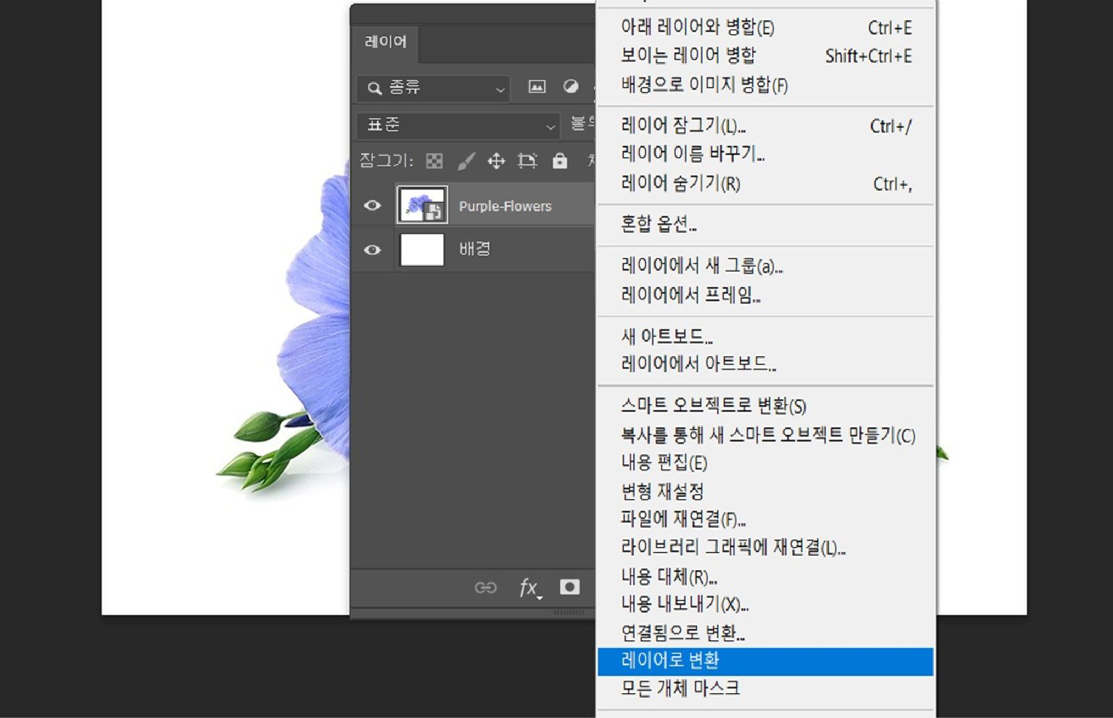 레이어 패널이 열려 있고 스마트 오브젝트 레이어가 선택되어 있습니다. 레이어로 변환 옵션이 강조 표시된 컨텍스트 메뉴가 표시됩니다.