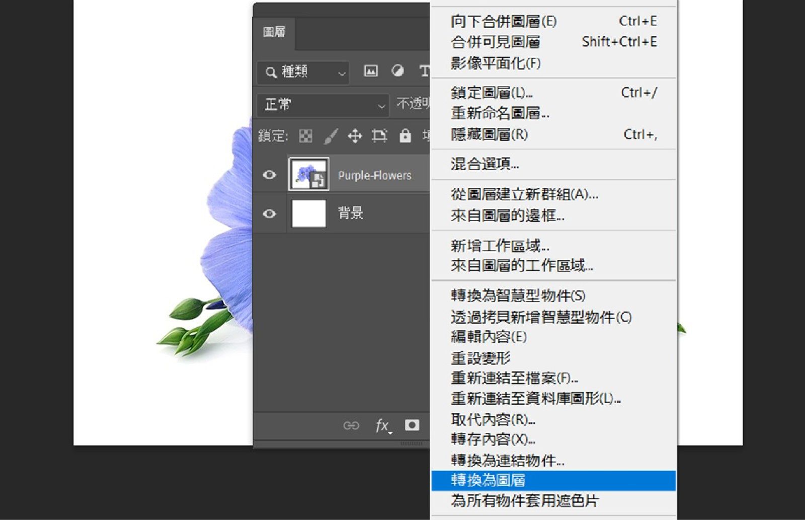「圖層」面板已開啟，並已選取智慧型物件圖層。顯示內容選單，其中已反白顯示「轉換為圖層」選項。