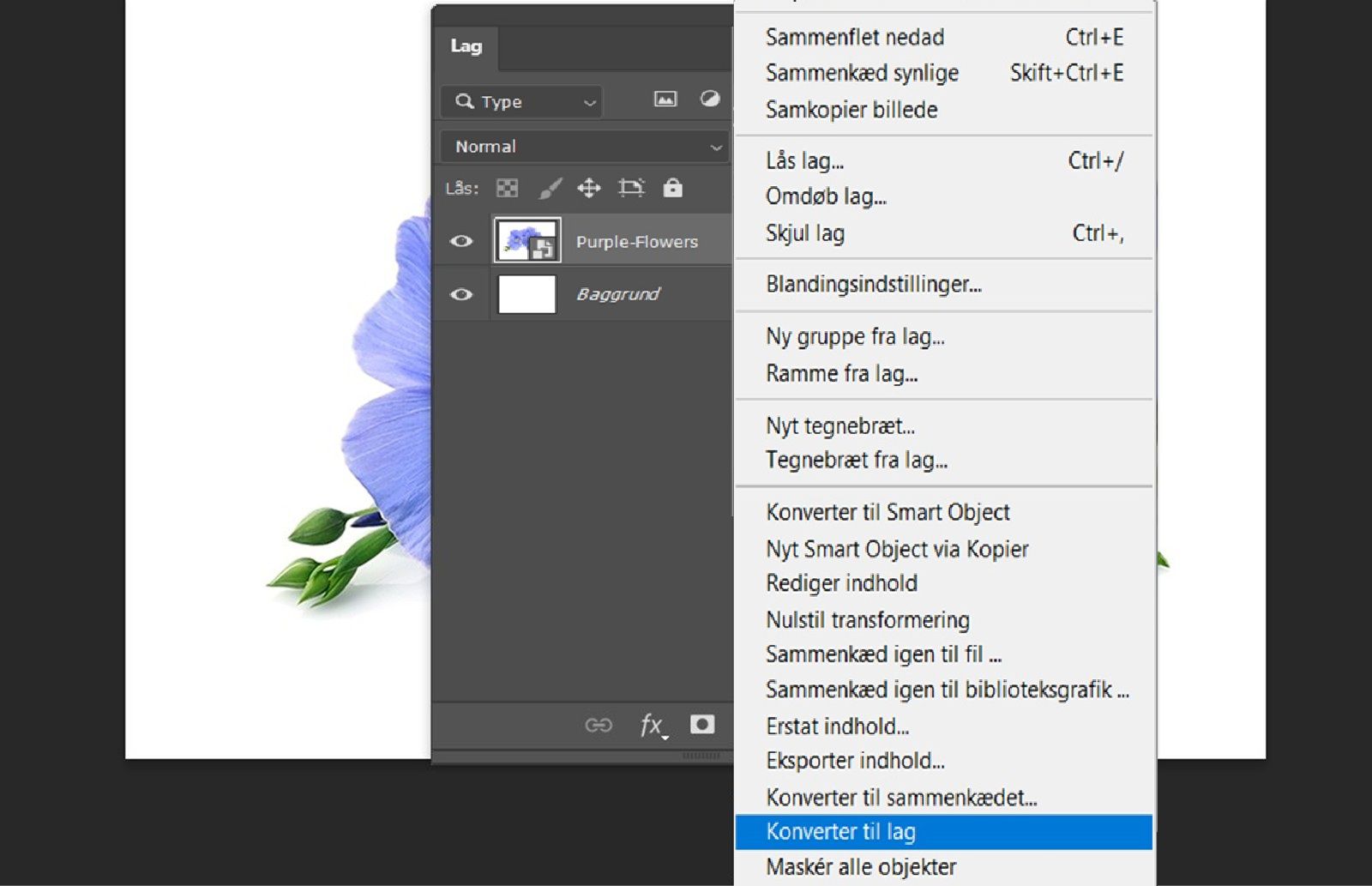 Panelet Lag er åbent, og et Smart Object-lag er valgt.En genvejsmenu vises med indstillingen Konvertér til lag fremhævet.