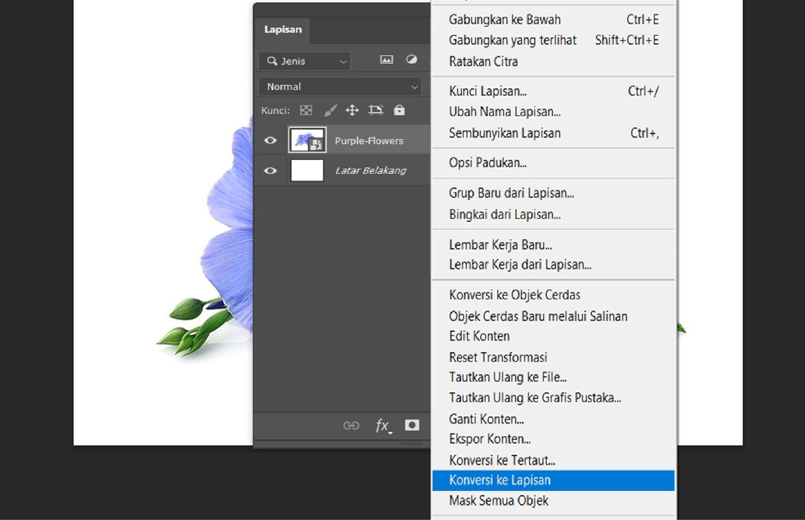 Panel Lapisan terbuka dan menunjukkan bahwa lapisan teks dipilih.Menu konteks ditampilkan dengan opsi Konversi ke Lapisan disorot.