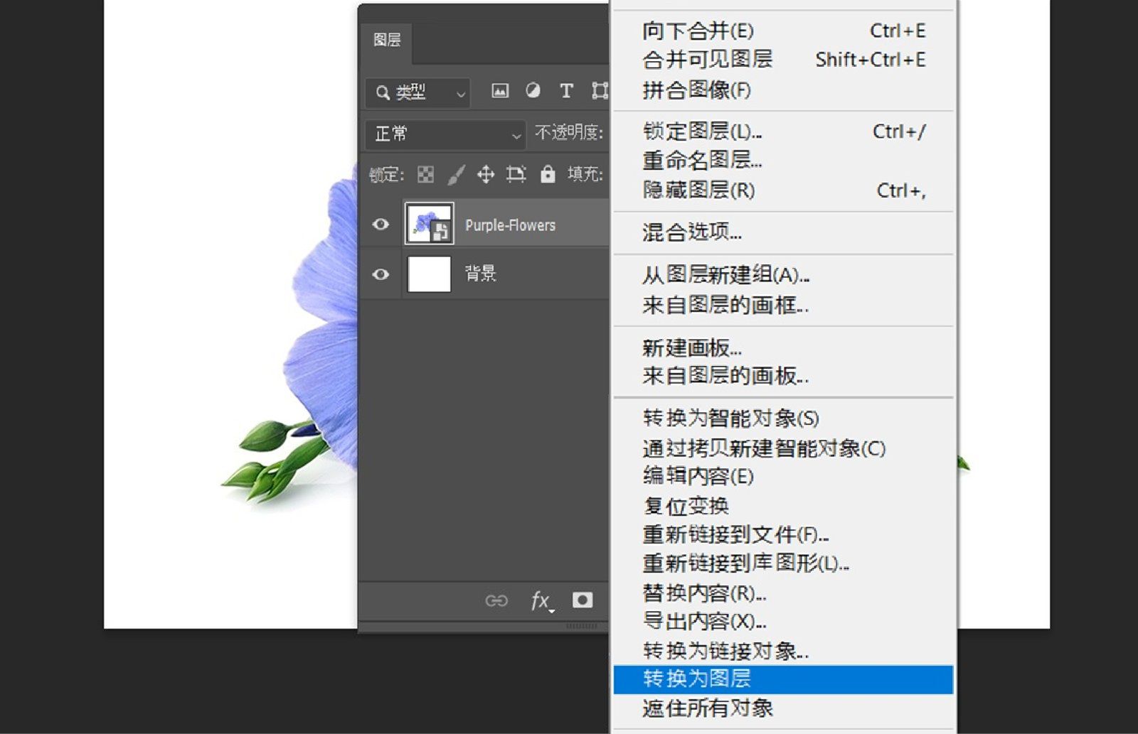 “图层”面板已打开，并且选中了一个智能对象图层。其中显示了上下文菜单，并突出显示了“转换为图层”选项。