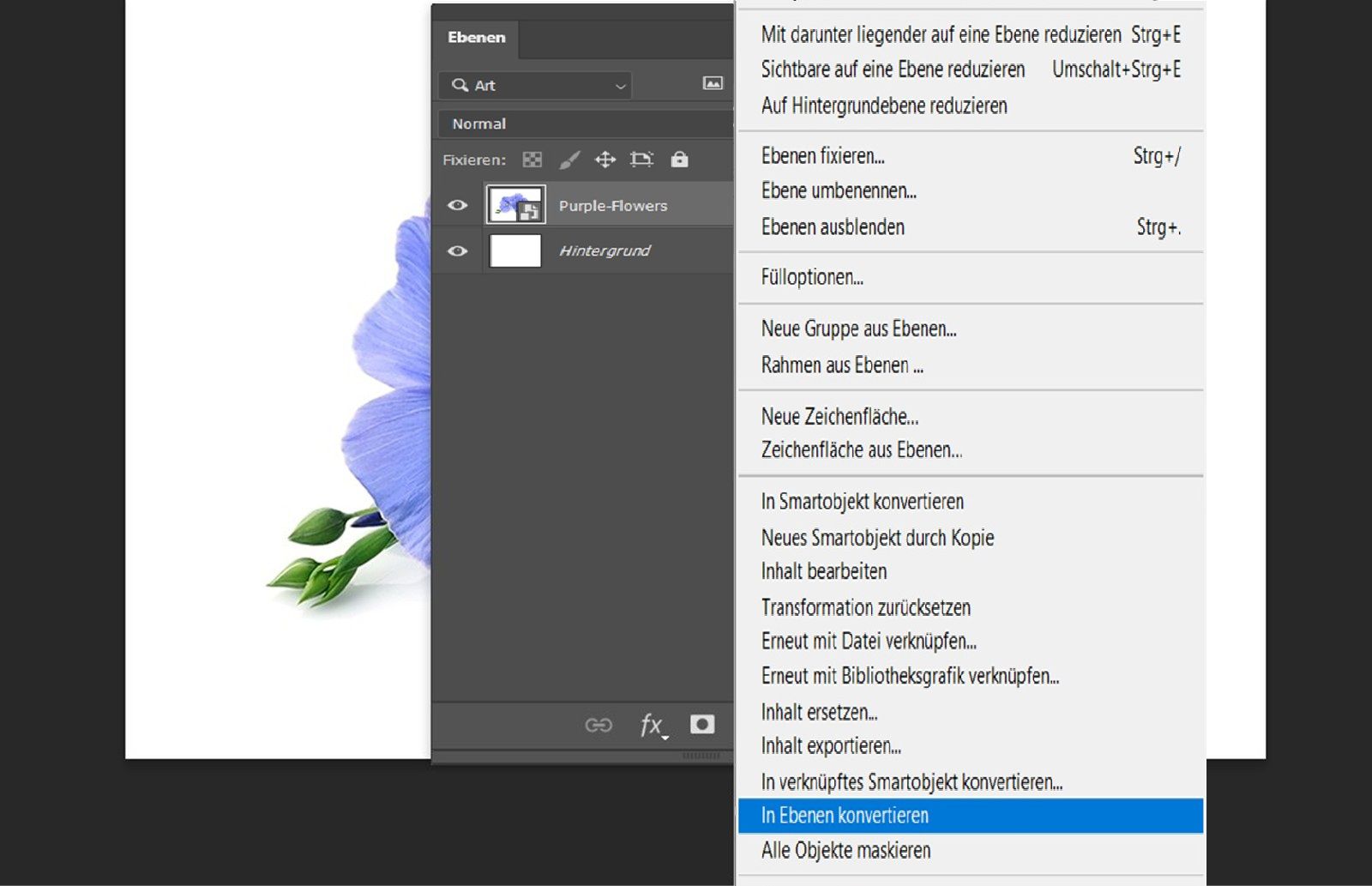 Das Ebenenbedienfeld ist geöffnet und eine Smartobjekt-Ebene ist ausgewählt. Ein Kontextmenü wird angezeigt, in dem die Option „In Ebenen konvertieren“ hervorgehoben ist.