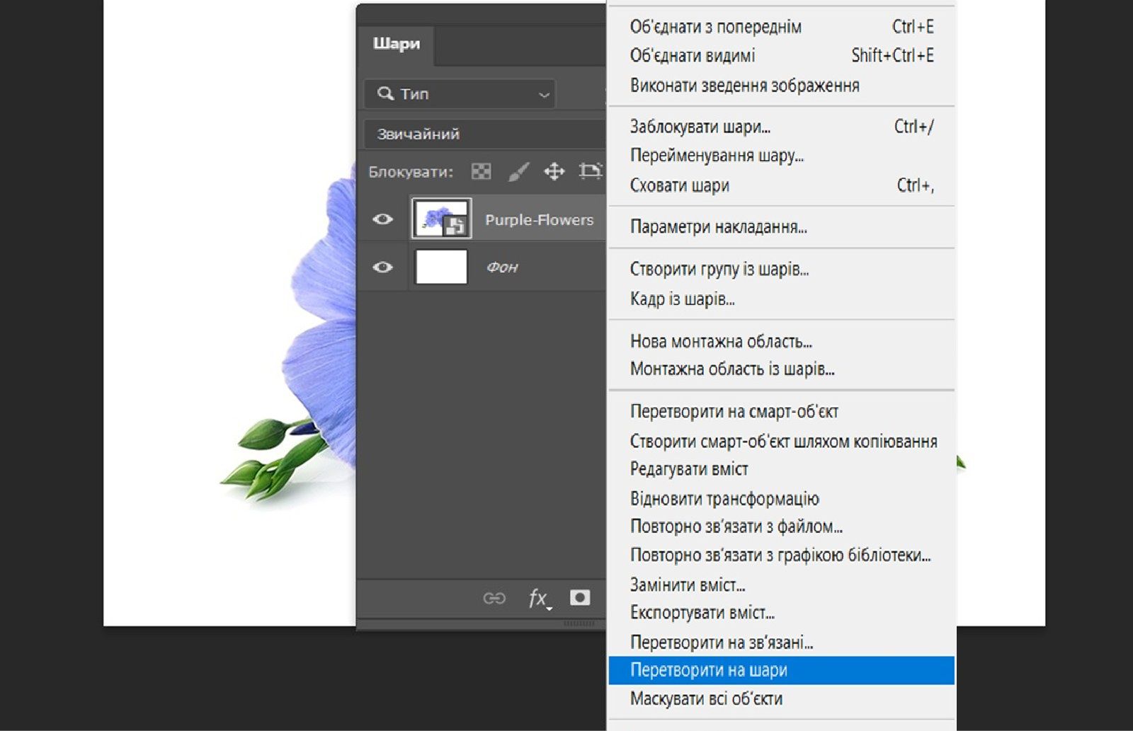 Панель «Шари» відкрита, і вибрано шар смарт-об'єкта. Відображається контекстне меню з виділеним параметром «Перетворити на шари». 