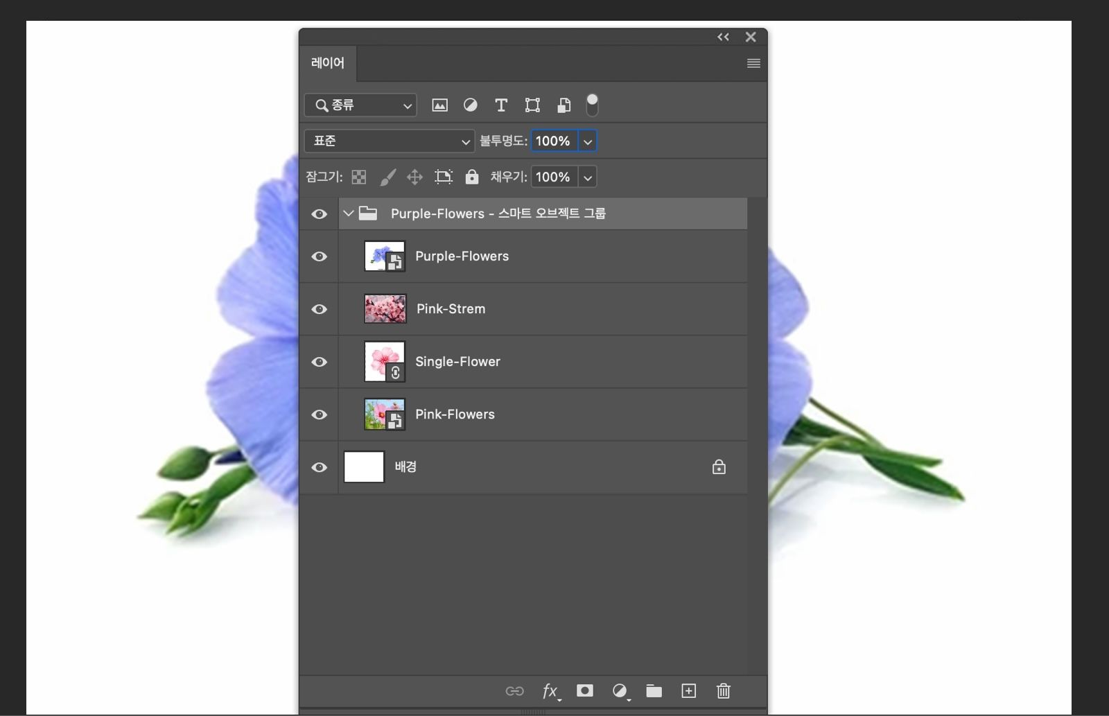 레이어 패널이 열려 있고 스마트 오브젝트가 레이어 그룹으로 변환되어 있습니다. 원본 레이어가 그룹 안에 나타납니다.