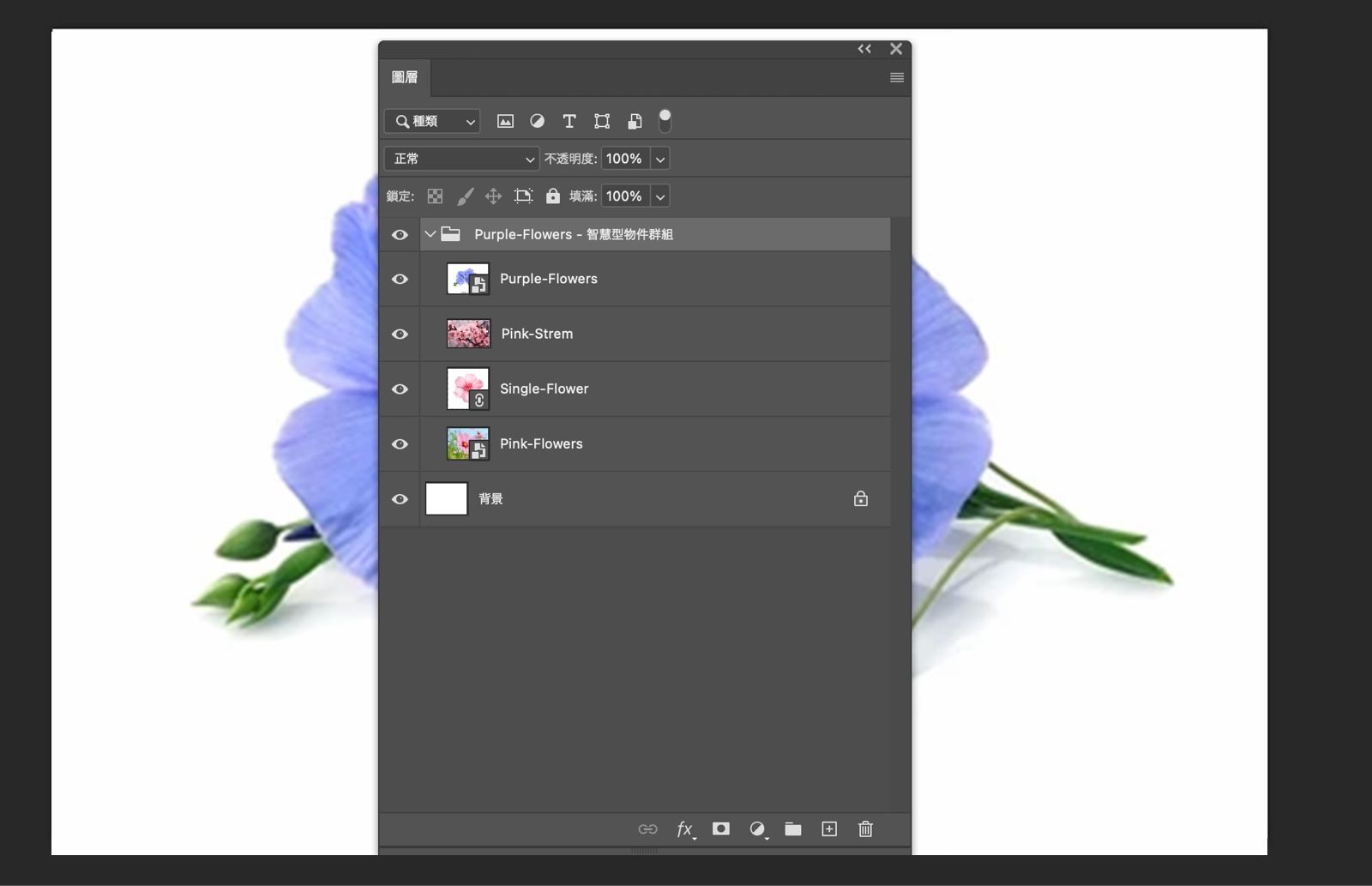 「圖層」面板已開啟，智慧型物件已轉換為圖層群組。原始圖層顯示在群組內。