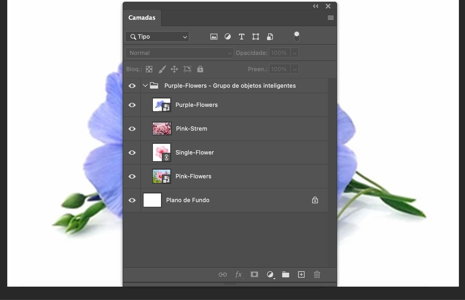 O painel Camadas está aberto e um Objeto Inteligente é convertido em um grupo de camadas. As camadas originais aparecem dentro do grupo.