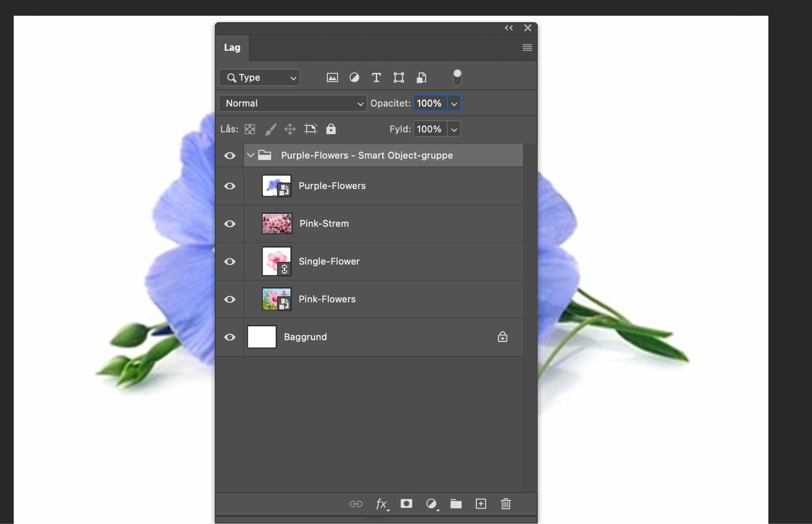 Panelet Lag er åbent, og et Smart Object er konverteret til en laggruppe.De originale lag vises i gruppen.