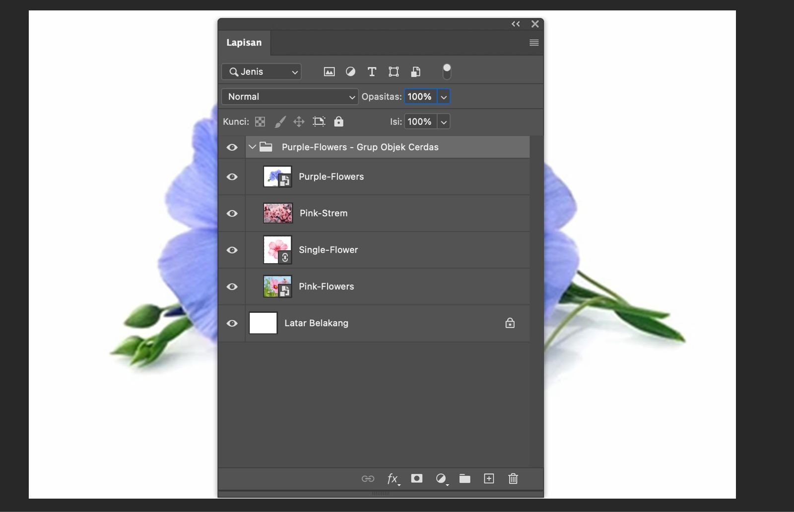 Panel Lapisan terbuka dan Objek Cerdas dikonversi ke grup lapisan.Lapisan asli terlihat di dalam grup.