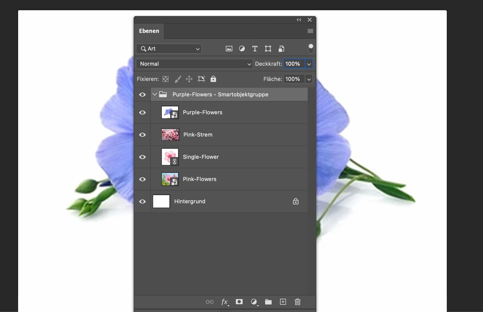 Das Ebenenbedienfeld ist geöffnet und ein Smartobjekt wird in eine Ebenengruppe konvertiert. Die ursprünglichen Ebenen erscheinen innerhalb der Gruppe.