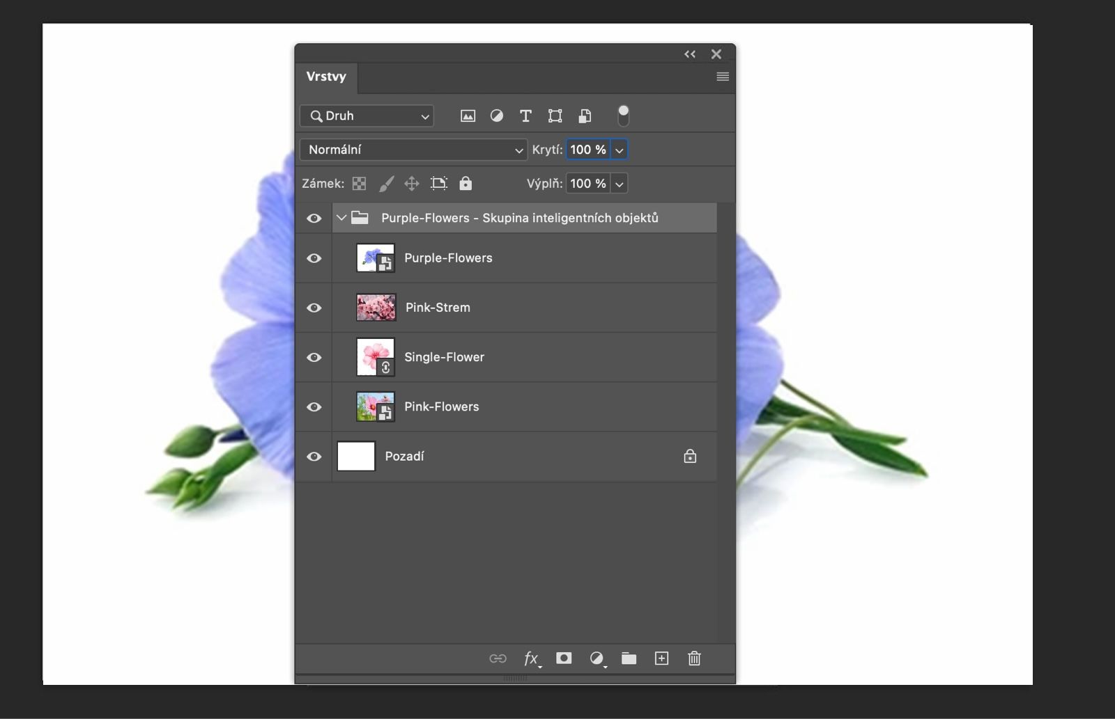 Panel Vrstvy je otevřený a Chytrý objekt je převeden na skupinu vrstev.Původní vrstvy se zobrazí uvnitř skupiny.