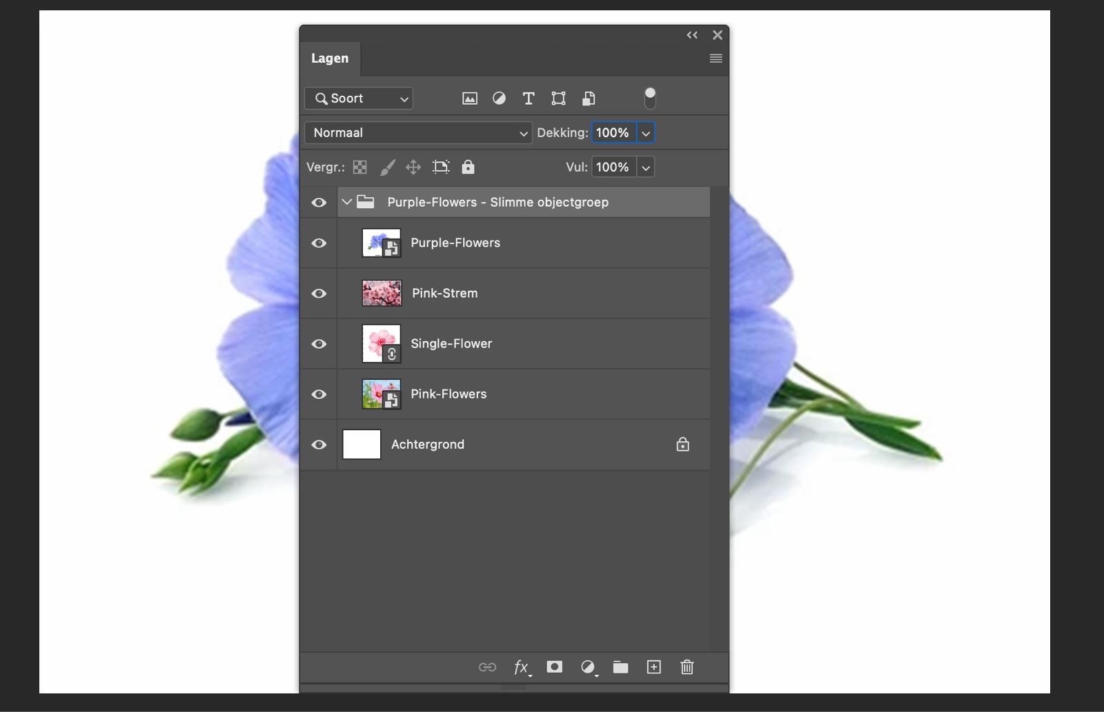 Het Lagenpaneel is geopend en een Smart Object is geconverteerd naar een laaggroep.De originele lagen verschijnen in de groep.