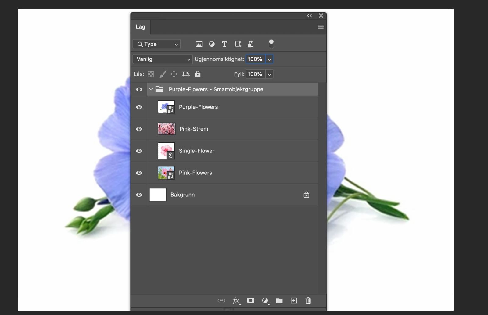 Lag-panelet er åpent og et smart objekt er konvertert til en laggruppe.De originale lagene vises inne i gruppen.