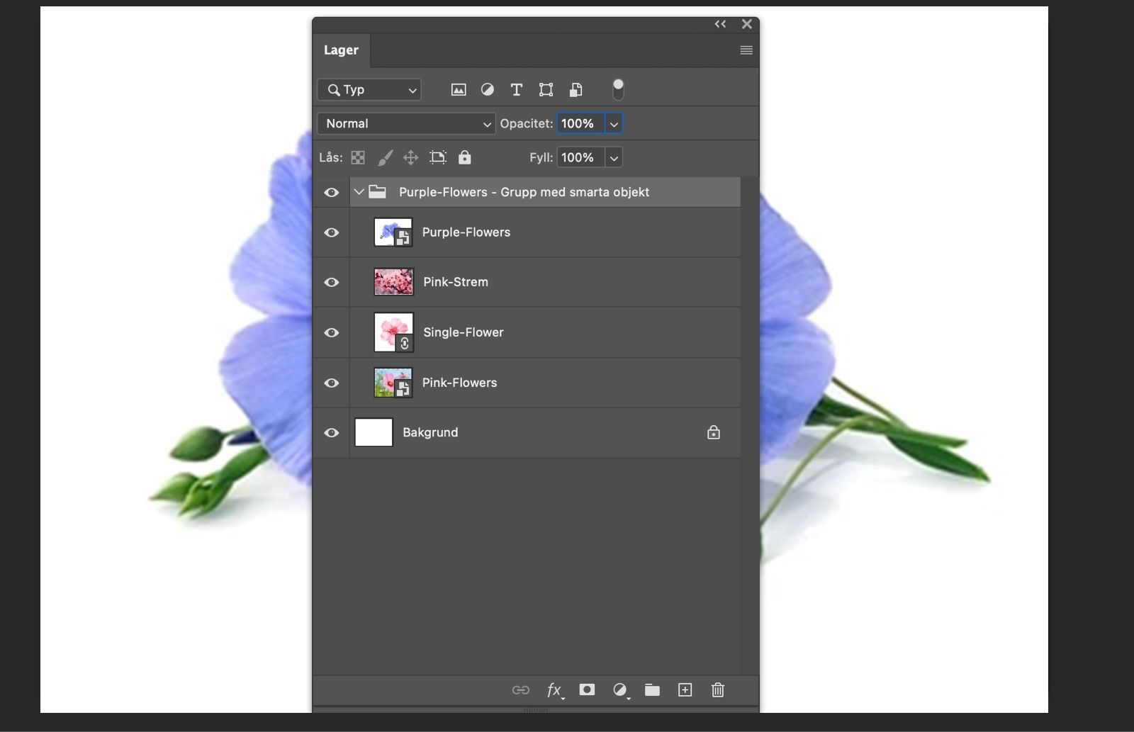 Panel för Lager är öppen och ett smart objekt har konverterats till en lagergrupp.De ursprungliga lagren visas i gruppen.